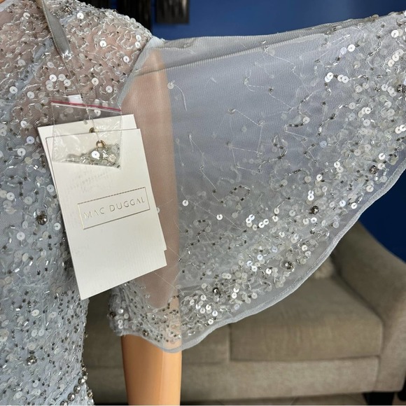 Mac Duggal 93655 Powder Blue Cape Sleeve Beaded Tea Length A-Line Dress 6 NWT - Picture 11 of 16